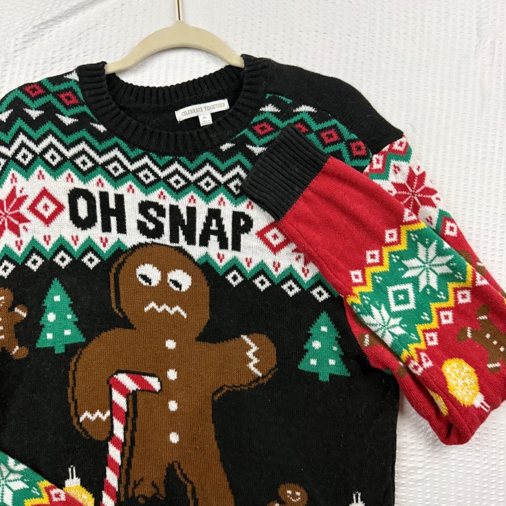 Celebrate Together Oh Snap Gingerbread Man Christmas Sweater XL Black Fair Isle